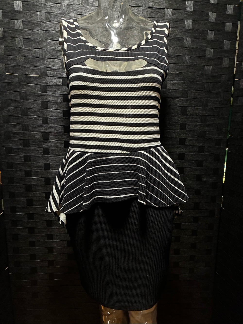 French Atmosphere Cutout Peplum Dress NWT Black & White Stripes